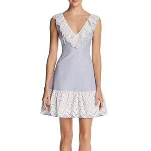 Luci Paris Fit and Flair striped dress with lace trim, small.